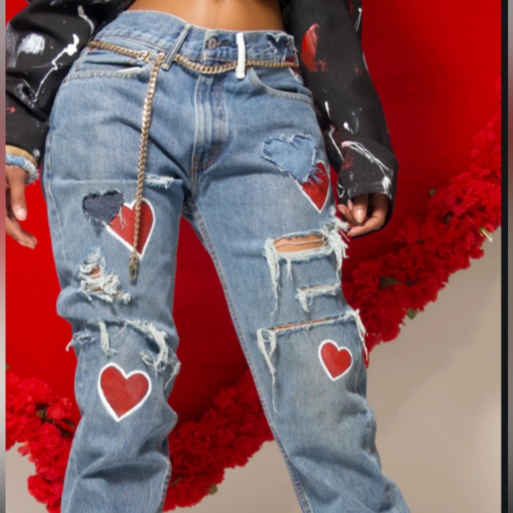 Distressed Blue Jeans with Red Heart Patches